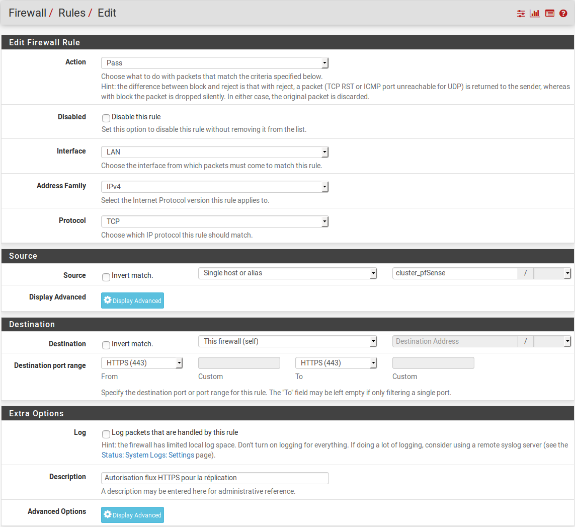 Règle de firewall autorisant la réplication