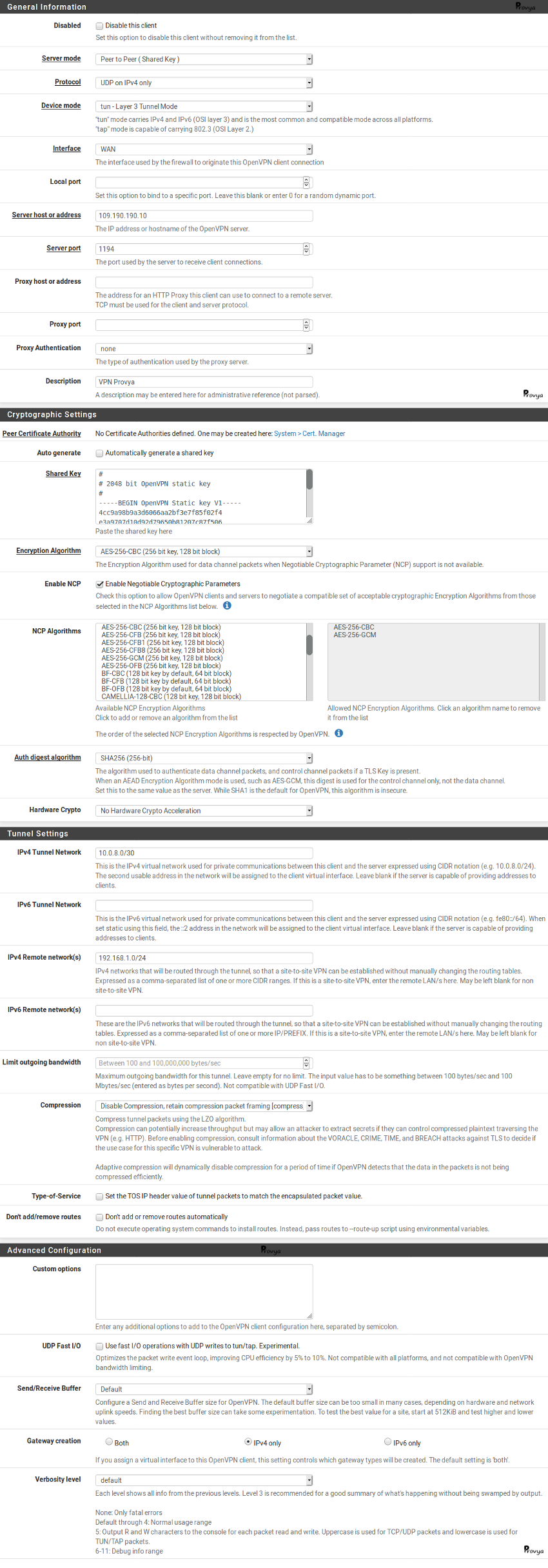 exemple configuration openVPN client clée partagée pfSense Provya