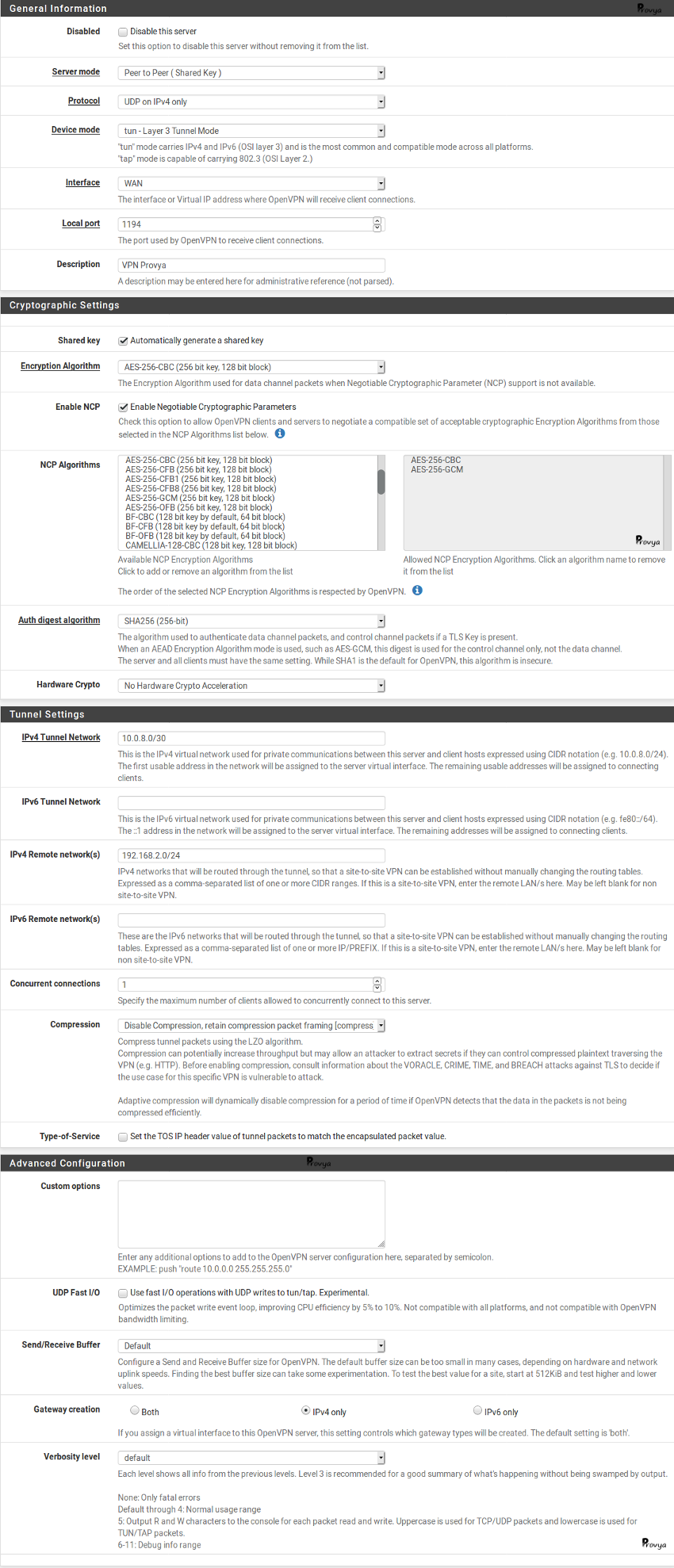 exemple configuration OpenVPN clée partagée pfSense Provya