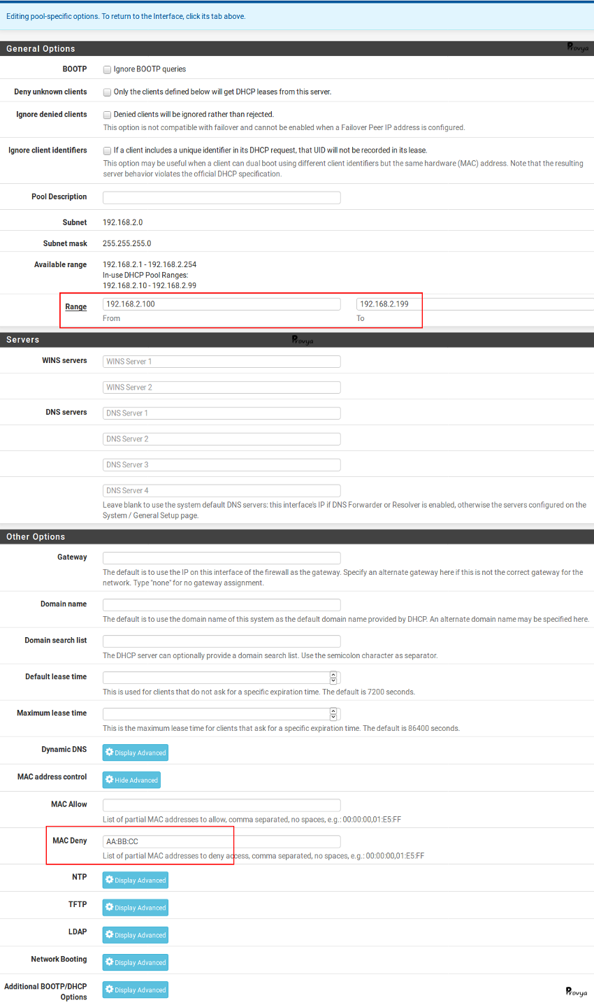 configuration DHCP ordinateurs pfSense Provya