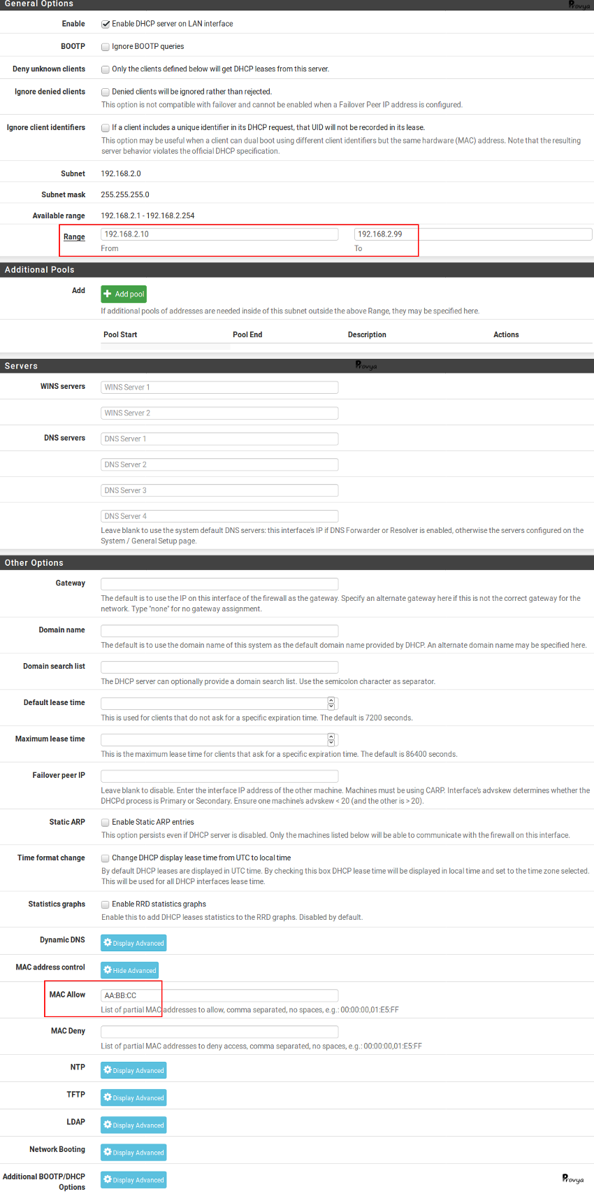 configuration DHCP voip pfSense Provya