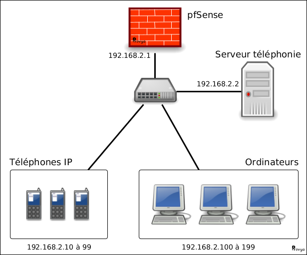 schéma réseau pfSense ordinateurs téléphones Provya