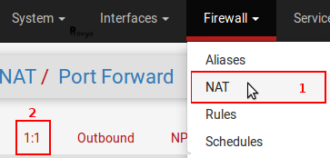 menu firewall > NAT > 1 to 1 pfSense - Provya