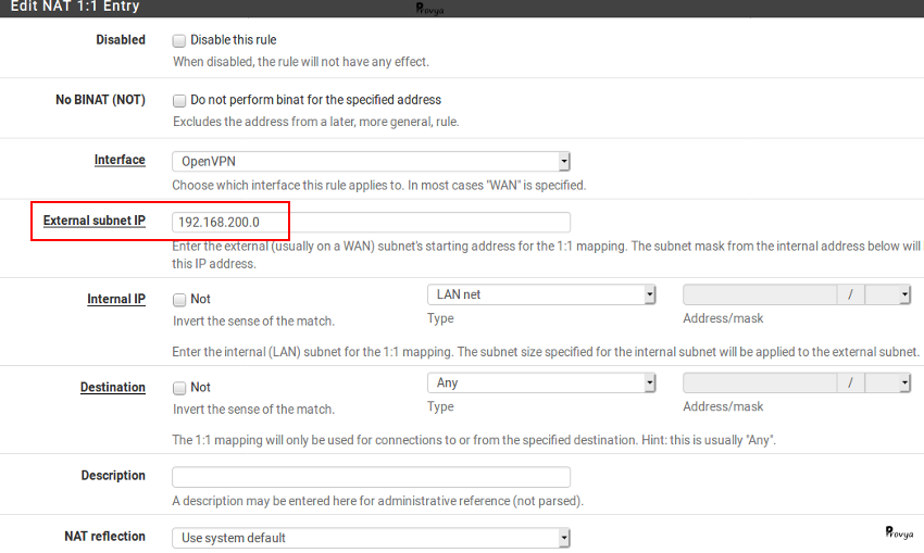 Configuration 1 to 1 NAT pfSense - Provya