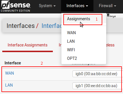 menu Interfaces > Assignement - pfSense - Provya