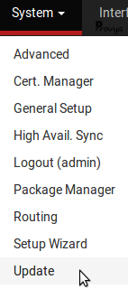 menu System Update pfSense - Provya