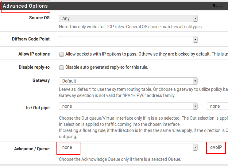 advanced options pour règle de floating QoS pfSense - Provya