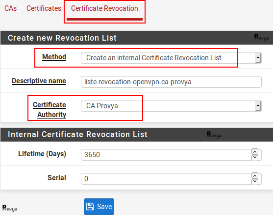 Création d'une CRL (Certificate Revocation Liste) sous pfSense - Provya