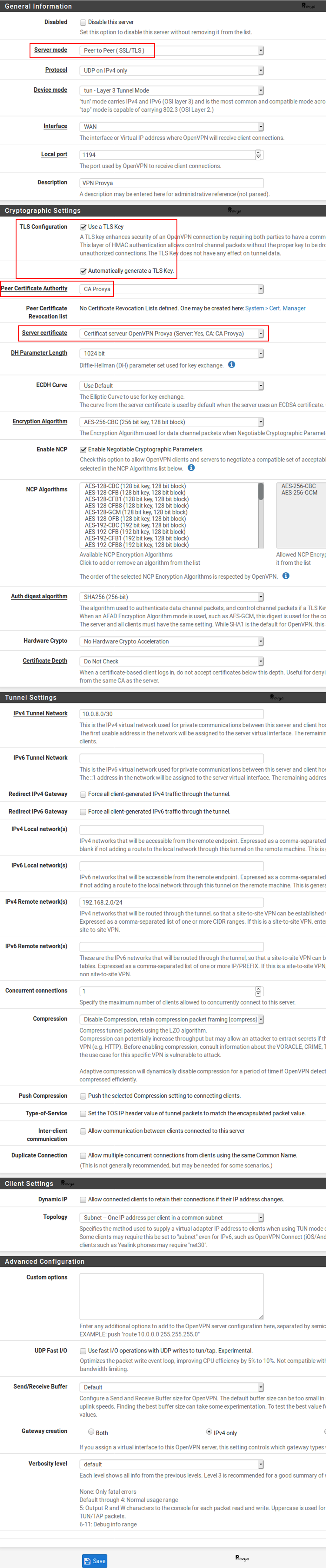 Exemple de configuration serveur OpenVPN avec certificat sur pfSense - Provya