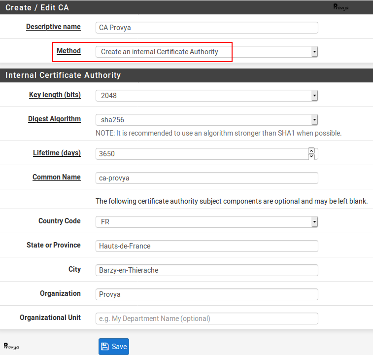 exemple création autorité de certification (CA) pfSense - Provya