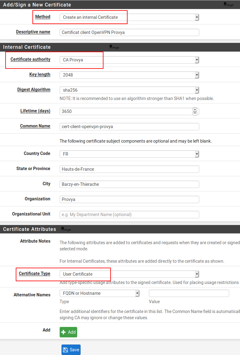 Exemple de configuration certificat client OpenVPN - pfSense - Provya