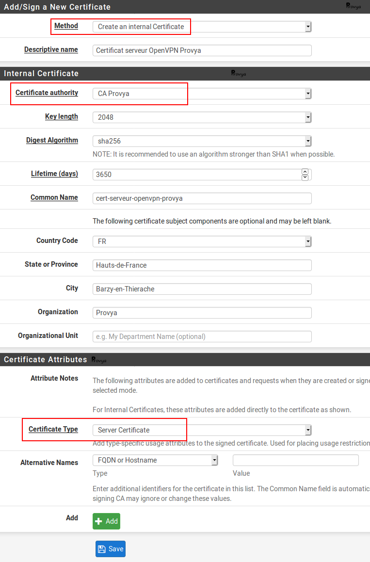 Exemple de configuration certificat serveur OpenVPN - pfSense - Provya