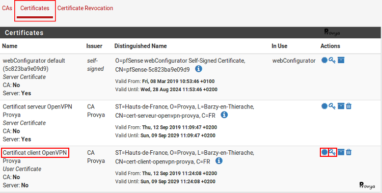 Export clé et certificat client pour OpenVPN - pfSense - Provya