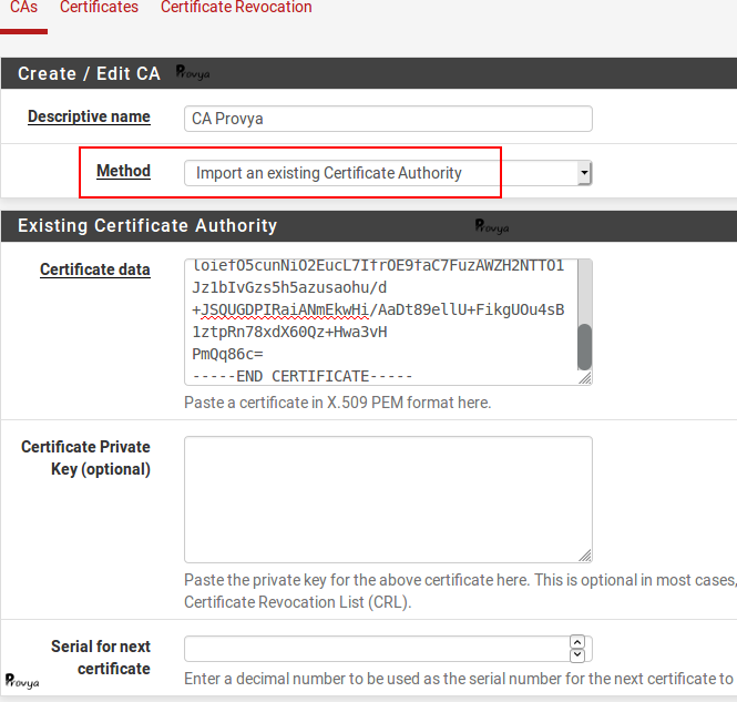 Import du certificat d'une autorité de certification sous pfSense - Provya