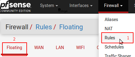 menu Firewall Rules Floating pfSense - Provya