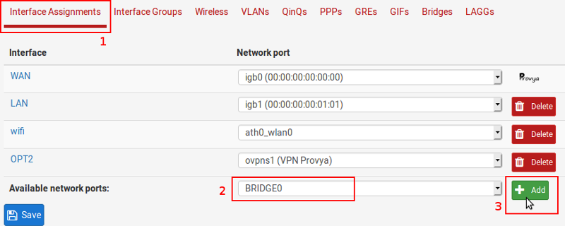 Associer une interface à un pont réseau sous pfSense - Provya