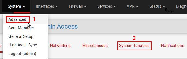 Menu System > Advanced - onglet System Tunables - pfSense - Provya