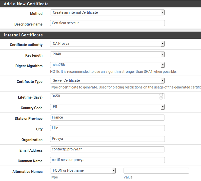 Exemple de création d'un certificat pfSense - Provya