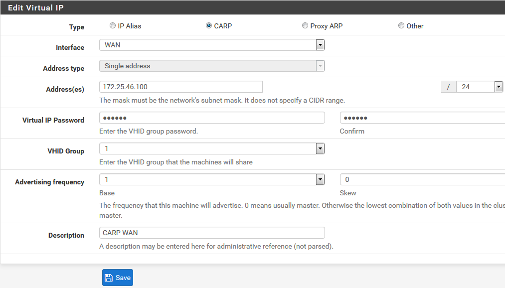 Configuration adresse IP virtuelle CARP pfSense