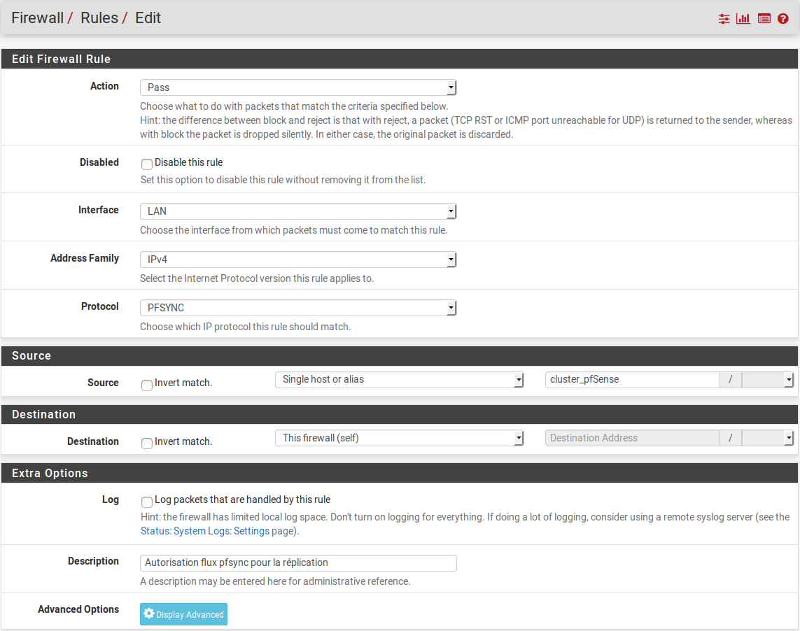 Règle de firewall autorisant le protocole pfsync