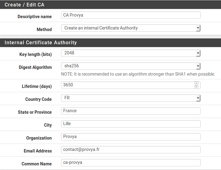 Exemple de configuration d'un C.A. pfSense - Provya